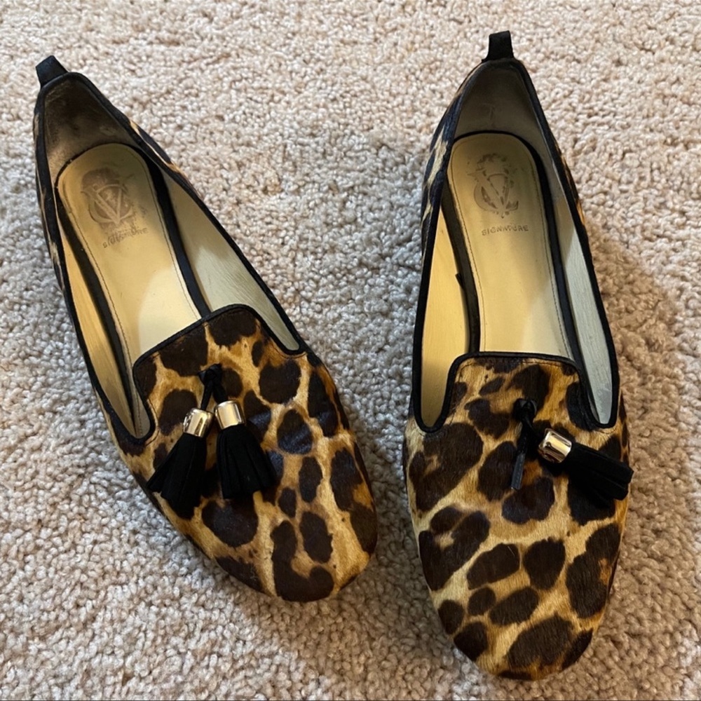 Vince Camuto leopard calf hair tasked loafers career teacher chic animal print